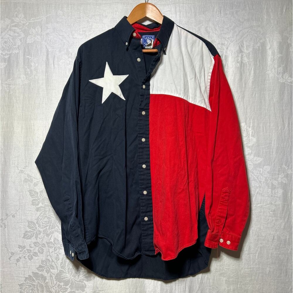 VTG Texas Cotton Button Down Medium Flag Color Block Star Western USA Patriotic